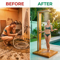 AurumRain Milano Teak & Steel Outdoor Shower Tower — Before & After