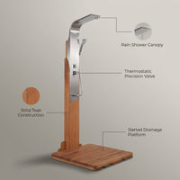 AurumRain Milano Teak & Steel Outdoor Shower Tower — infographic