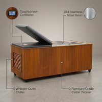 Cedar Cold Plunge Built for Daily Recovery, 304 Stainless Basin, Whisper-Quiet Chiller, Touchscreen — infographic