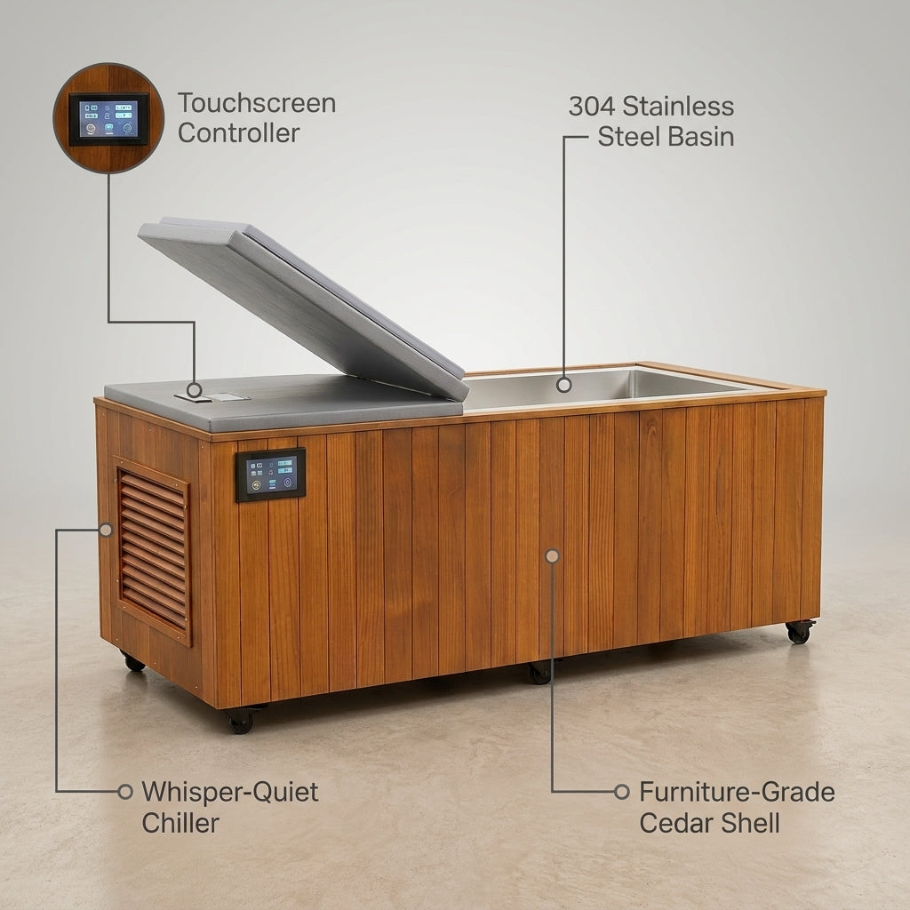 Cedar Cold Plunge Built for Daily Recovery, 304 Stainless Basin, Whisper-Quiet Chiller, Touchscreen — infographic